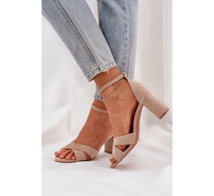 Sandały Na Słupkowym Obcasie Z Eko Zamszu Beżowe Saniffia Sandały Na Słupkowym Obcasie Z Eko Zamszu Beżowe Saniffia