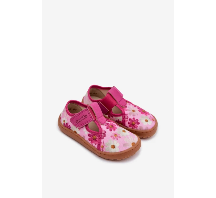 Dětské domácí pantofle na suchý zip s květinovým vzorem Barefoot Froddo Cannvas G1700439-4 Růžové