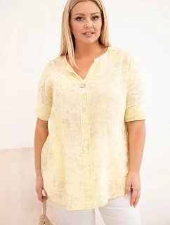 Dámská bavlněná halenka pro model 22069837 s krátkým rukávem a ozdobným knoflíkem žlutá - K-Fashion