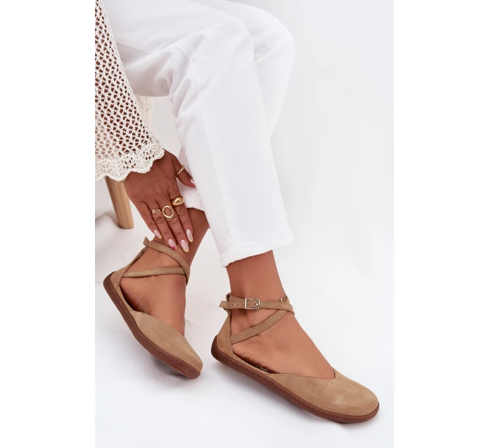 Zamszowe Baleriny Damskie Barefoot Z Paskami Zazoo 191 Beżowe