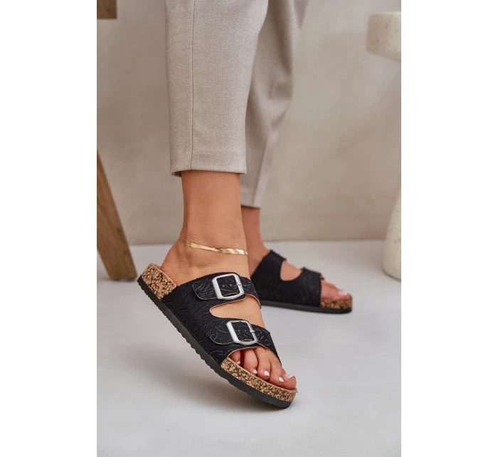 Materiałowe Klapki Na Korkowej Podeszwie Z Klamrami Czarne Atera