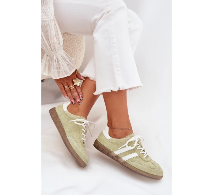 Niskie Skórzane Sneakersy Damskie Limonkowe Ismina