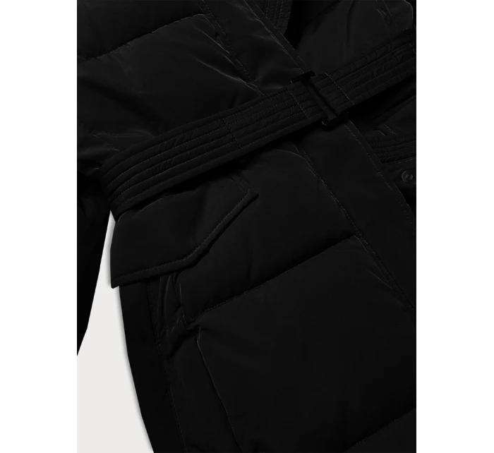 Úzka zimná bunda s opaskom čierna (23MY-207)