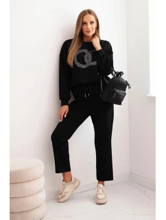 Dámský komplet z viskózy s ozdobným motivem a kalhotami černá