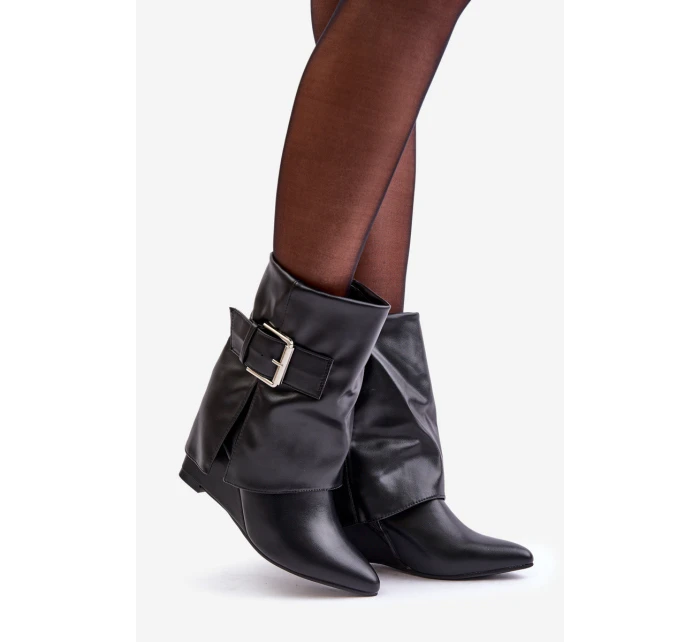 Botki Na Koturnie Z Wywiniętą Cholewką I Klamrą Czarne Vortinia Botki Na Koturnie Z Wywiniętą Cholewką I Klamrą Czarne Vortinia