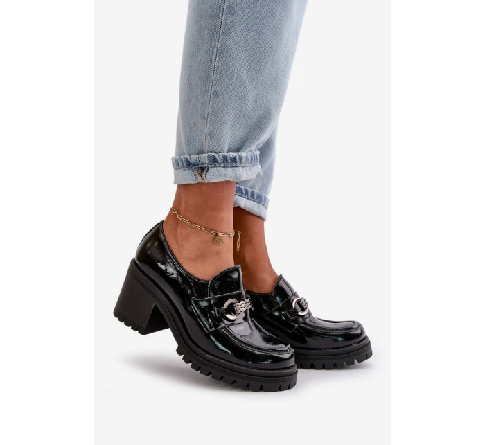 Zazoo 20175 Lakierowane Półbuty Damskie Na Słupku Skóra Naturalna Czarne