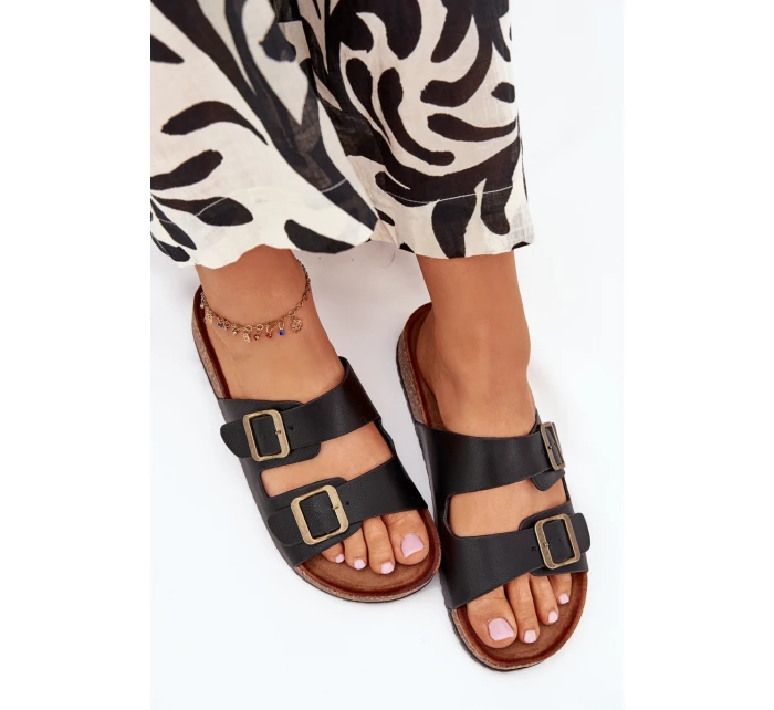 Dámske papuče na korkovej platforme s prackami - čierne