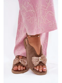 Sandały Damskie Z Kokardą Na Płaskim Obcasie S.Barski KV51-014 Ciemnobeżowe