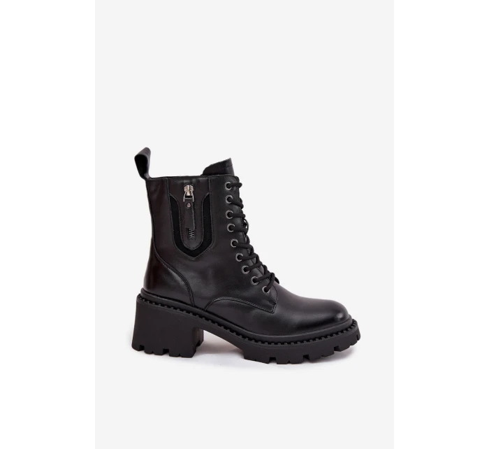 Skórzane Botki Damskie Na Klocku Ocieplane Vinceza 86418 Czarne