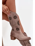 Zamszowe Skórzane Kozaki Damskie Z Ażurowym Wzorem Zazoo 3852 Cappuccino