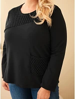 Dámská bavlněná mikina Plus Size s průsvitnou vsadkou a kapsou černá