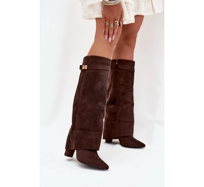 Dámske zateplené čižmy s podrážkou a zrolovanou holennou časťou Evyra - čokoládová, eko semiš Dámske zateplené čižmy s podrážkou a zrolovanou holennou časťou Evyra - čokoládová, eko semiš