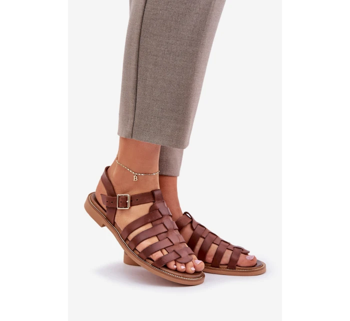 Skórzane Sandały Na Płaskim Obcasie Zazoo 3686 Brązowe Skórzane Sandały Na Płaskim Obcasie Zazoo 3686 Brązowe