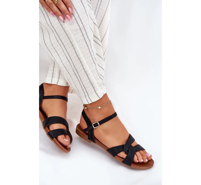 Płaskie Połyskujące Sandały Damskie S.Barski KV51-022 Czarne