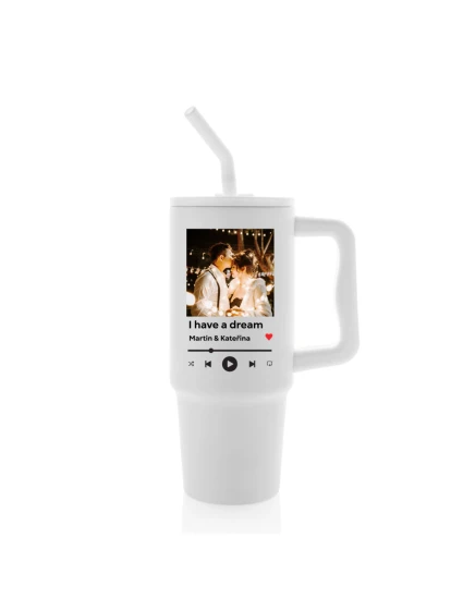 Cestovní termoska s barevným víčkem s vlastním odkazem na oblíbenou písničku Cestovní termoska s barevným víčkem s vlastním odkazem na oblíbenou písničku