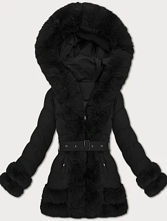 Elegantní černá bunda pro přechodné období s kožešinou model 21422869 - S'WEST