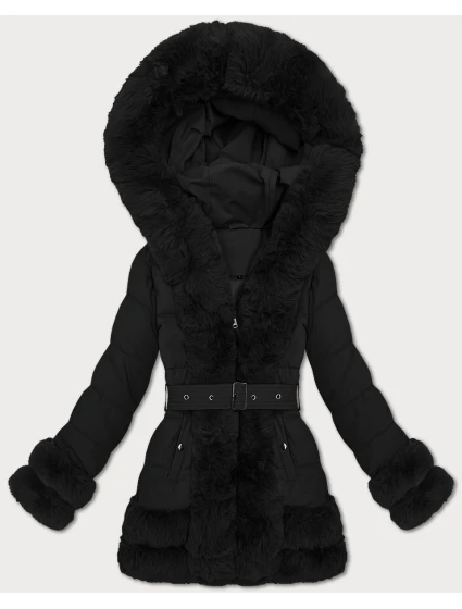Elegantní černá bunda pro přechodné období s kožešinou model 21422869 - S'WEST