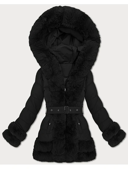 Elegantní černá bunda pro přechodné období s kožešinou model 21422869 - S'WEST Elegantní černá bunda pro přechodné období s kožešinou model 21422869 - S'WEST