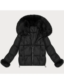 Čierna dámska páperová bunda s kožušinovým golierom S'West (B8257-1)