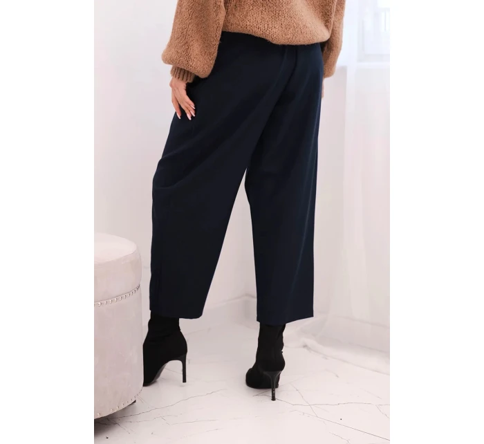 Dámské kalhoty s vysokým pasem a záhyby modré