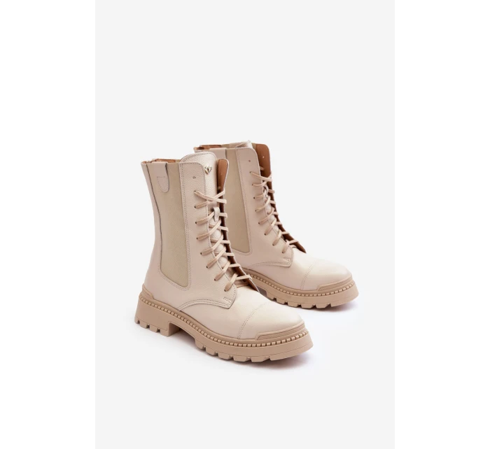 Kožené Dámské Botky Workery Šněrovací Světle Béžové Nicole model 21636175 - Boto Kožené Dámské Botky Workery Šněrovací Světle Béžové Nicole model 21636175 - Boto