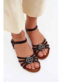 Dámské sandály Ploché s pásky a ozdobou model 22133718 Černé - S.Barski