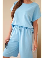 Dámský bavlněný komplet halenka s krátkým rukávem a kraťasy s gumou v pase modrá