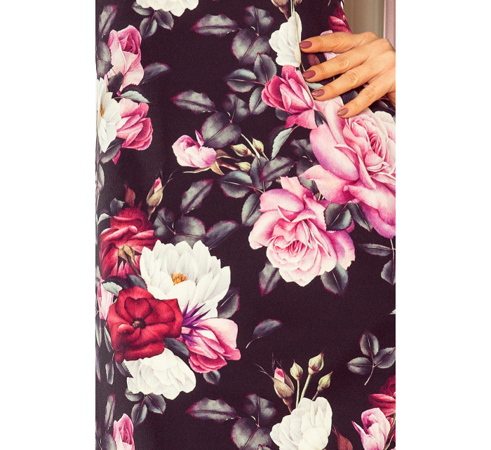 Trapézové šaty s rozšírenými rukávmi Numoco NEVA - čierne s kvetmi