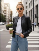 Dámska kožená bunda so stojačikom čierna FashionStreet TY5568