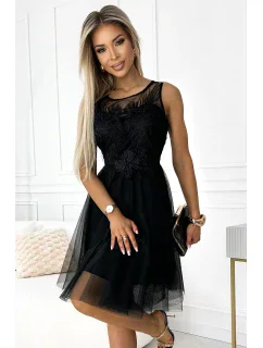 522-2 CATERINA Dámske šaty s gipirom a jemným tylom - ČIERNE