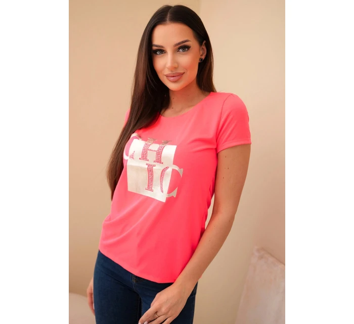 Dámske bavlnené tričko s potlačou CHIC pink neon Dámske bavlnené tričko s potlačou CHIC pink neon