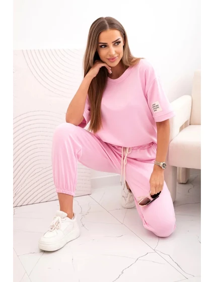 Dámsky viskózový set s krátkym rukávom a cukríkovo ružovými nohavicami