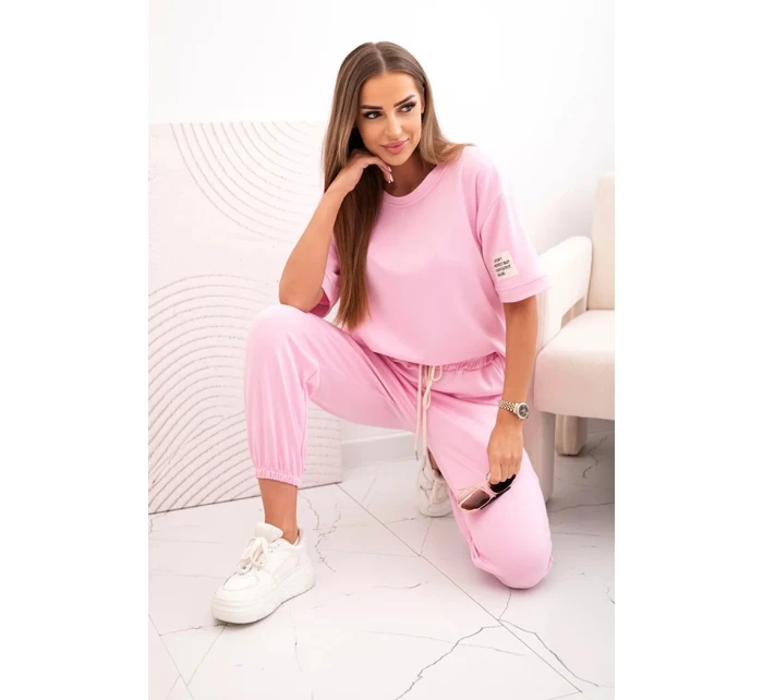 Dámsky viskózový set s krátkym rukávom a cukríkovo ružovými nohavicami