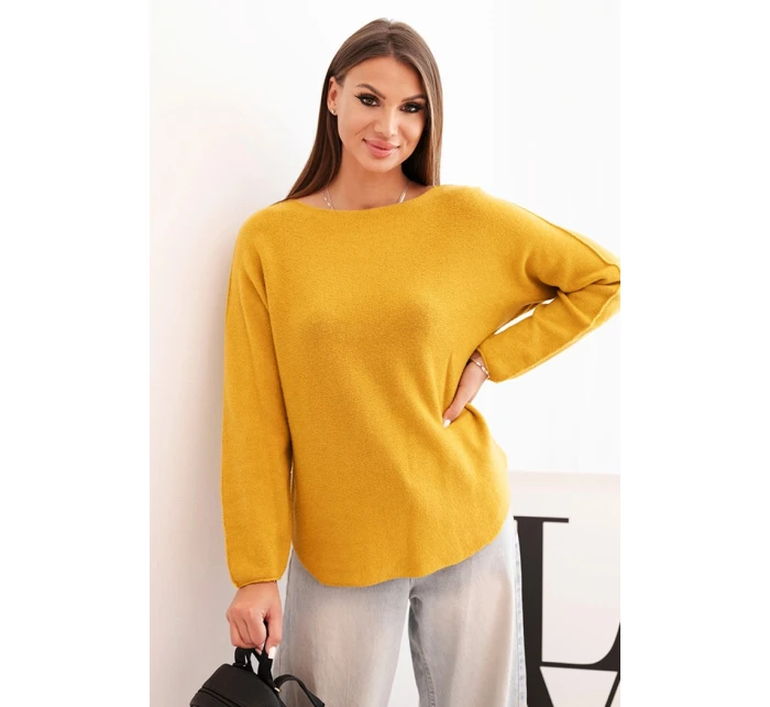 Dámsky viskózový sveter s dlhým rukávom a okrúhlym výstrihom horčicovej farby