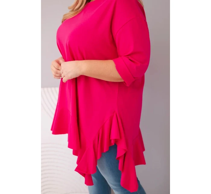 Dámska blúzka v nadmernej veľkosti s bavlnou a volánom a vyhrnutými rukávmi Fuchsia