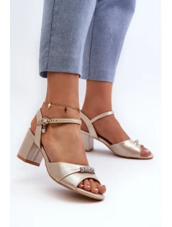 Sandały Damskie Eko Skórzane Na Słupku Z Ozdobami Złote Narhi