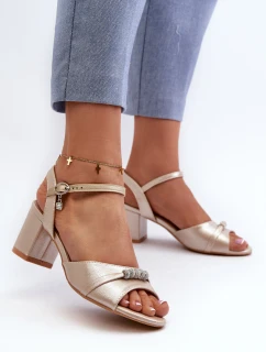 Sandały Damskie Eko Skórzane Na Słupku Z Ozdobami Złote Narhi