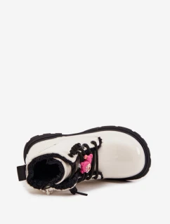 Zateplené detské lakované topánky s príveskom "Miś" - biele Jovellea