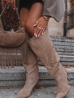 Dámske čižmy na podpätku z ECO semišu Noretta - béžové