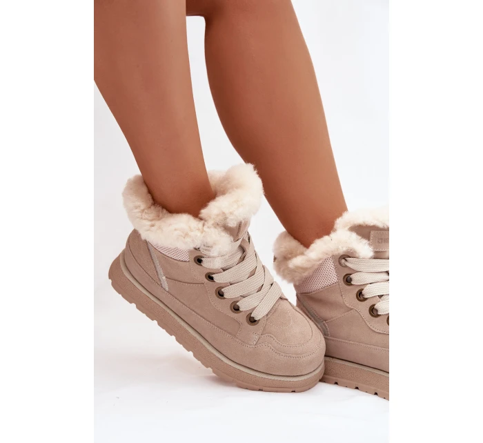 Dámske semišové snežnice - trapper na platforme s kožušinou Big Star - béžové Dámske semišové snežnice - trapper na platforme s kožušinou Big Star - béžové