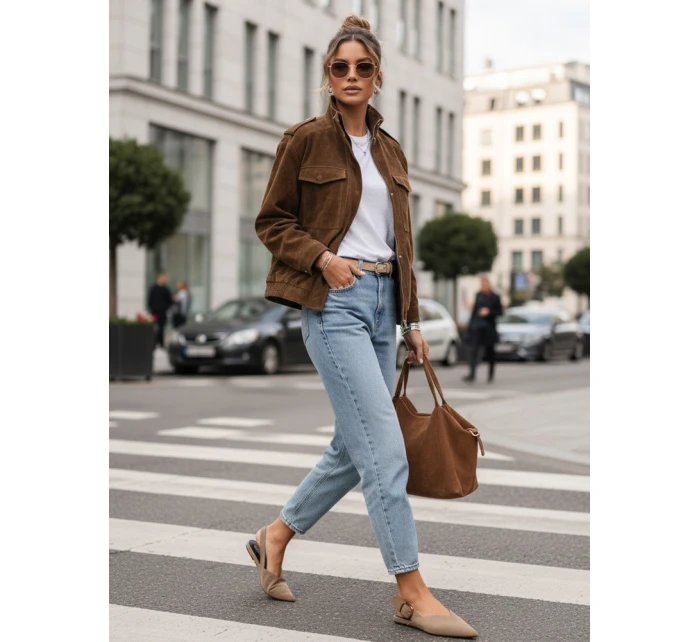 Dámska semišová bunda / bomber TY5578 Tmavo hnedá - Fashion Street