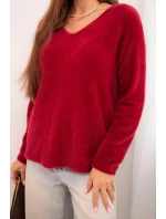 Dámsky mäkký pletený sveter s výstrihom do V bordovej farby