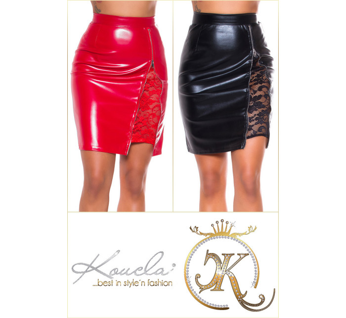 Sexy Midi Faux Leather Skirt with Zipper and Lace