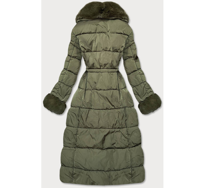 Dlhá zimná bunda v khaki farbe s kožušinovým golierom (J9-071)