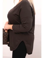 Dámská bavlněná blůza Plus Size s výstřihem do V a ohrnutým rukávem hnědá Dámská bavlněná blůza Plus Size s výstřihem do V a ohrnutým rukávem hnědá