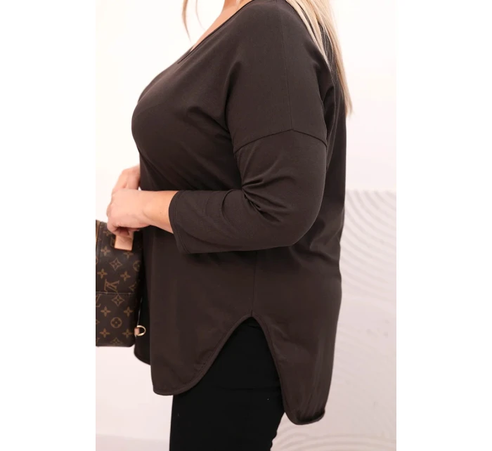Dámská bavlněná blůza Plus Size s výstřihem do V a ohrnutým rukávem hnědá Dámská bavlněná blůza Plus Size s výstřihem do V a ohrnutým rukávem hnědá