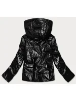 Lesklá čierna dámska bunda s kapucňou (B9575)