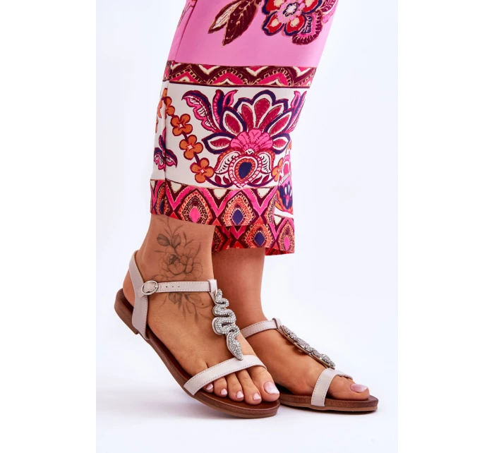 Skórzane Sandały Z Ozdobnym Wężem S.Barski KV-5541-42 Beżowe