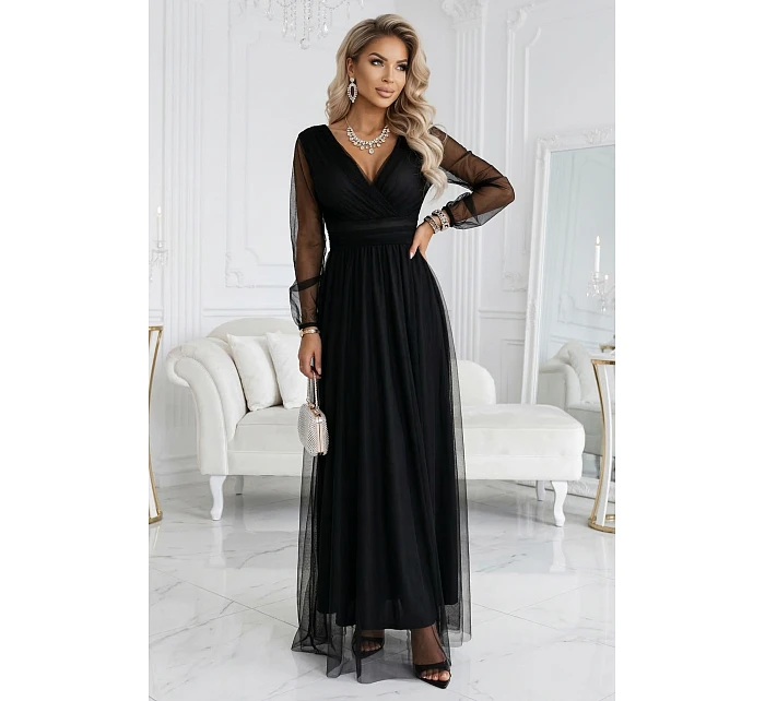 Dlouhé maxi šaty s rukávy a obálkovým výstřihem černé model 22045481 - numoco basic Dlouhé maxi šaty s rukávy a obálkovým výstřihem černé model 22045481 - numoco basic