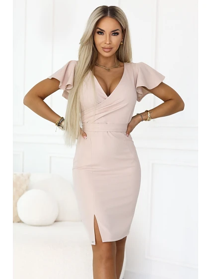 479-13 NINA elegantné šaty s obálkovým výstrihom, rukávmi a opaskom - béžové s trblietkami